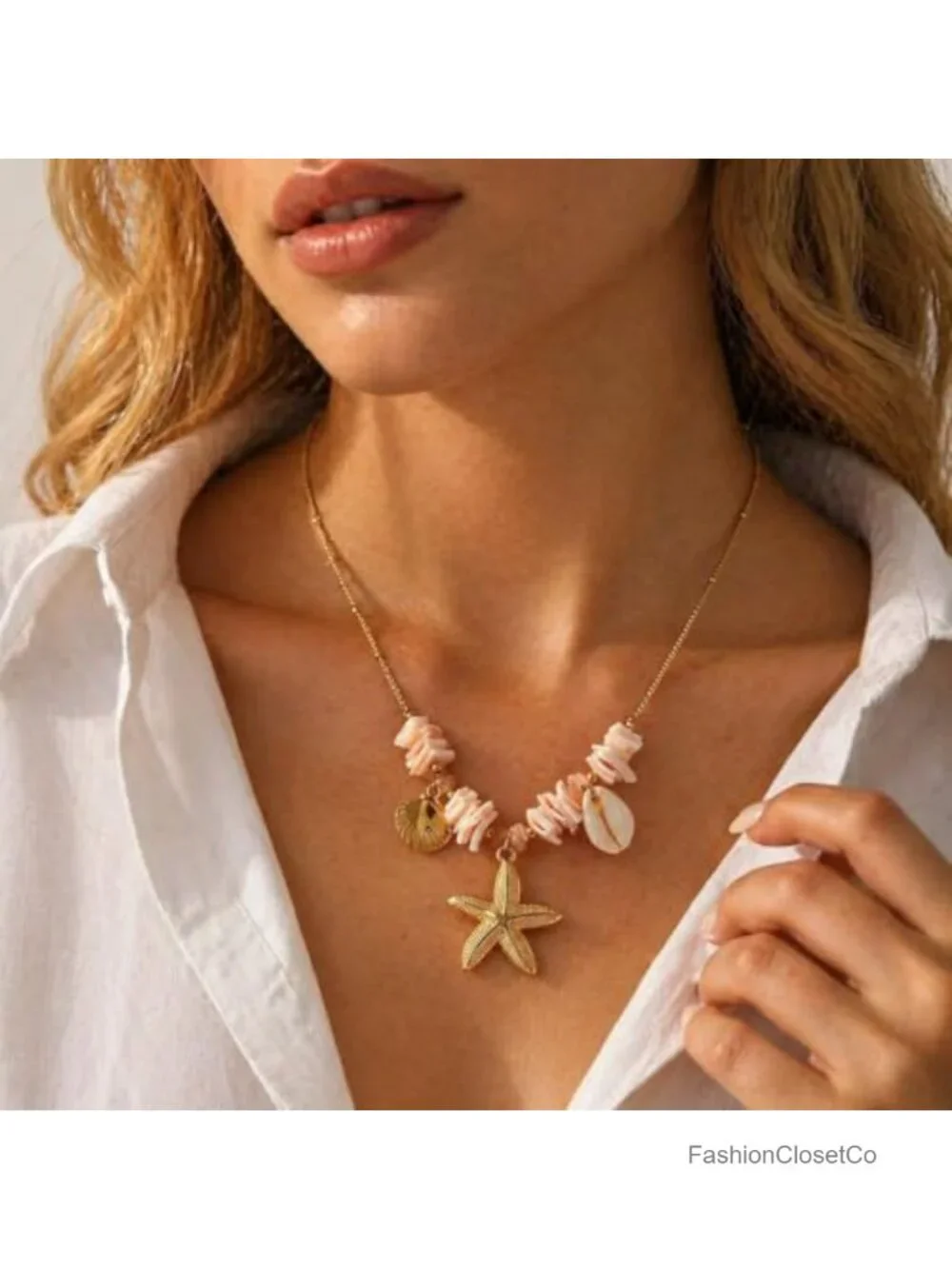 Shell Starfish Pendant Necklace | Beach Summer Jewelry | Natural Shell Beads |